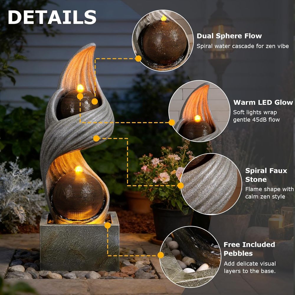 42.9인치 대형 야외 분수, 이중 구체가 있는 나선형 - Outdoor Zen Lighting 리뷰 및 가격